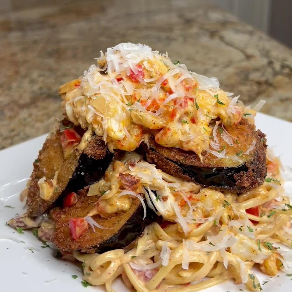 Eggplant Napoleon with Crawfish Cream