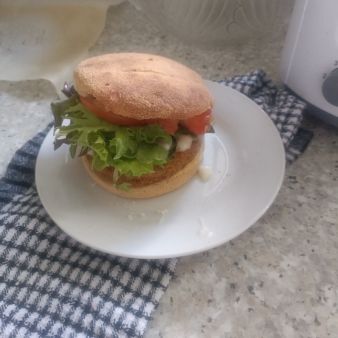 Vegan chicken burger and chips
