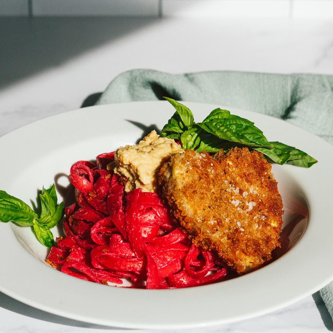 Crispy Tofu Hearts with Beet Fettuccine Alfredo and Almond Ricotta