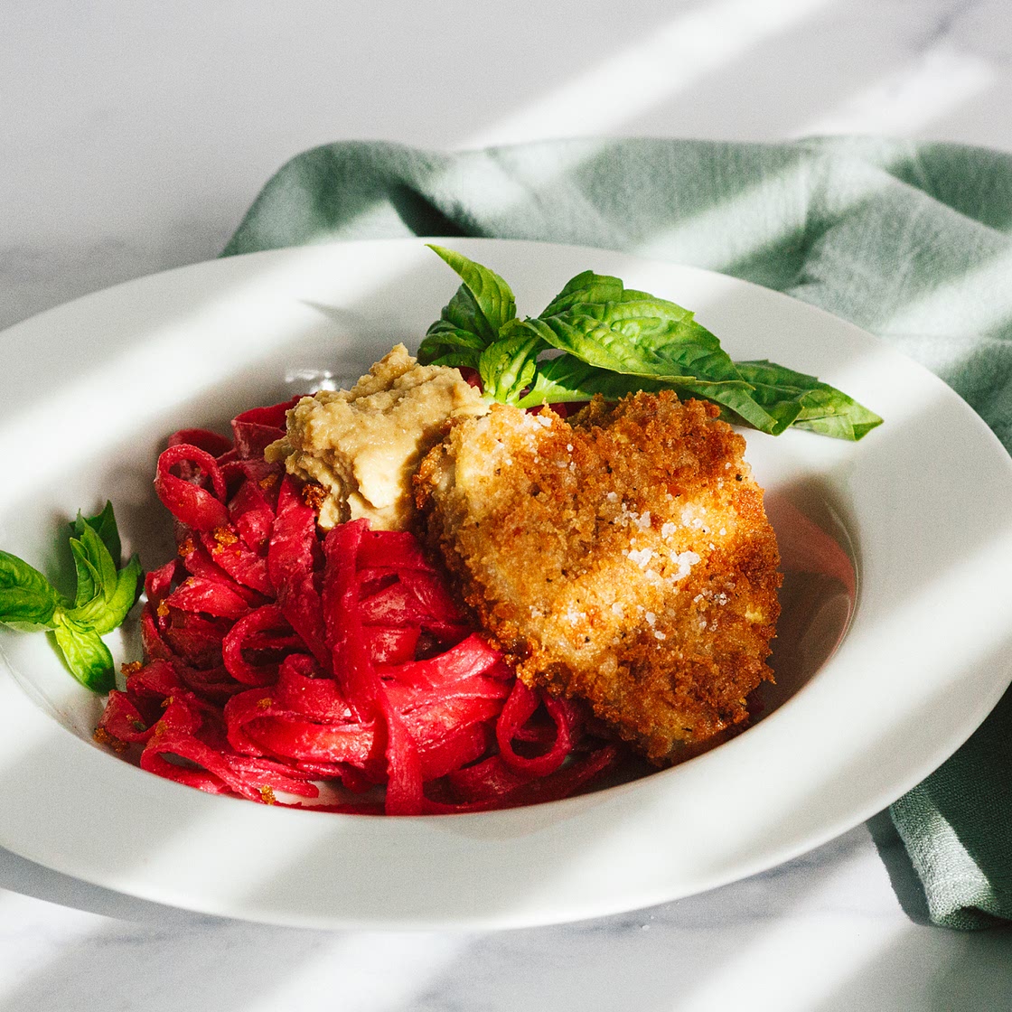 Crispy Tofu Hearts with Beet Fettuccine Alfredo and Almond Ricotta