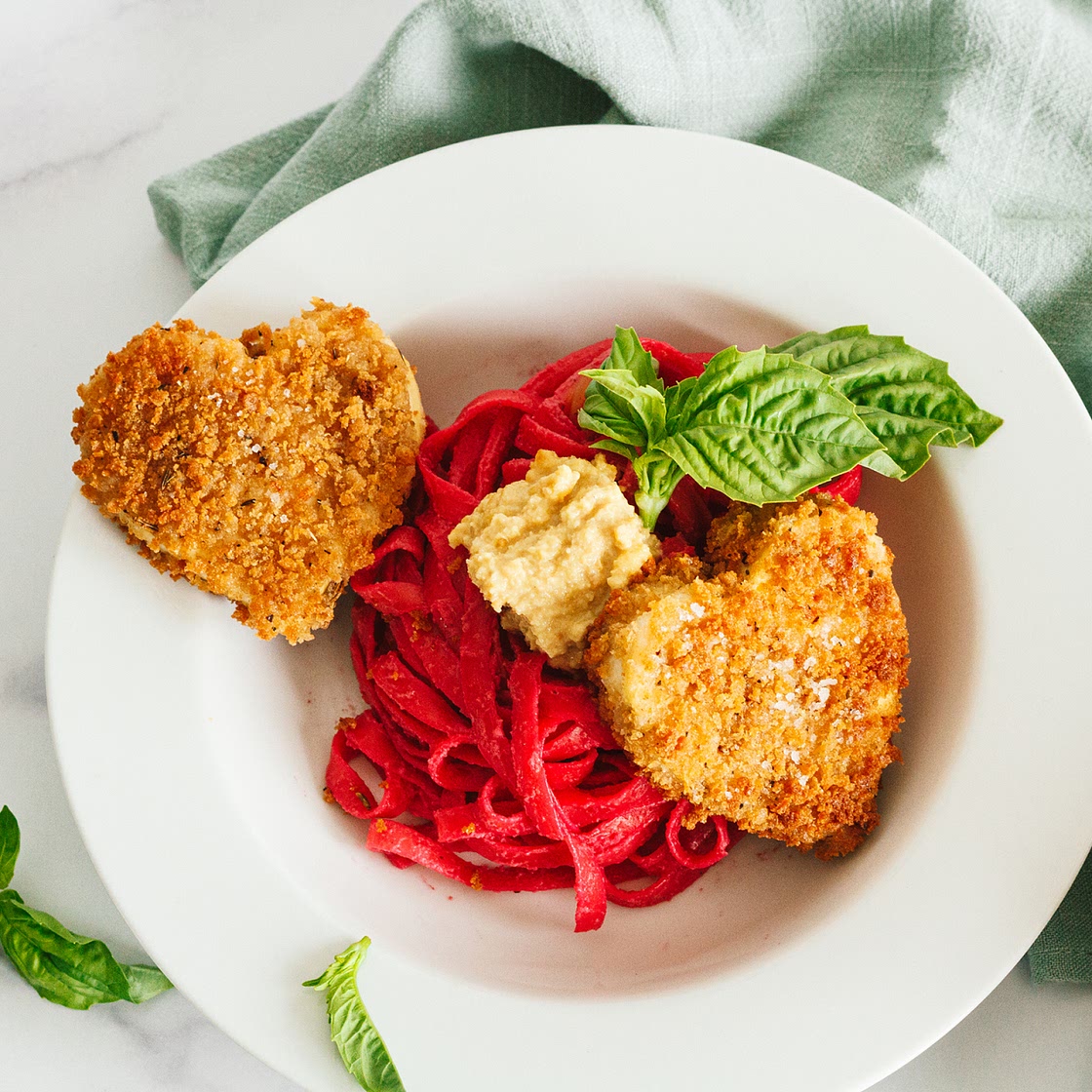 Crispy Tofu Hearts with Beet Fettuccine Alfredo and Almond Ricotta
