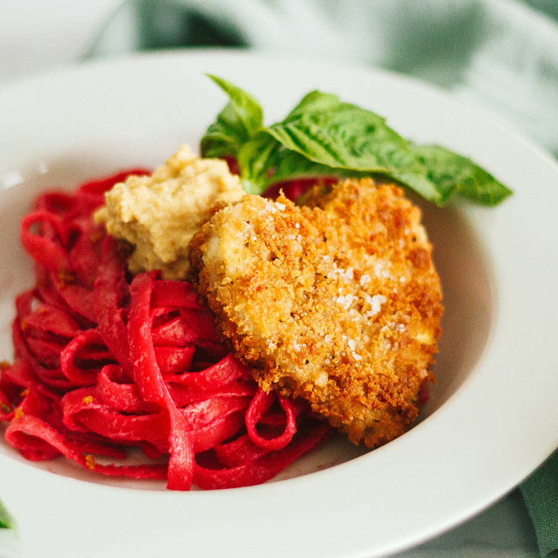 Crispy Tofu Hearts with Beet Fettuccine Alfredo and Almond Ricotta