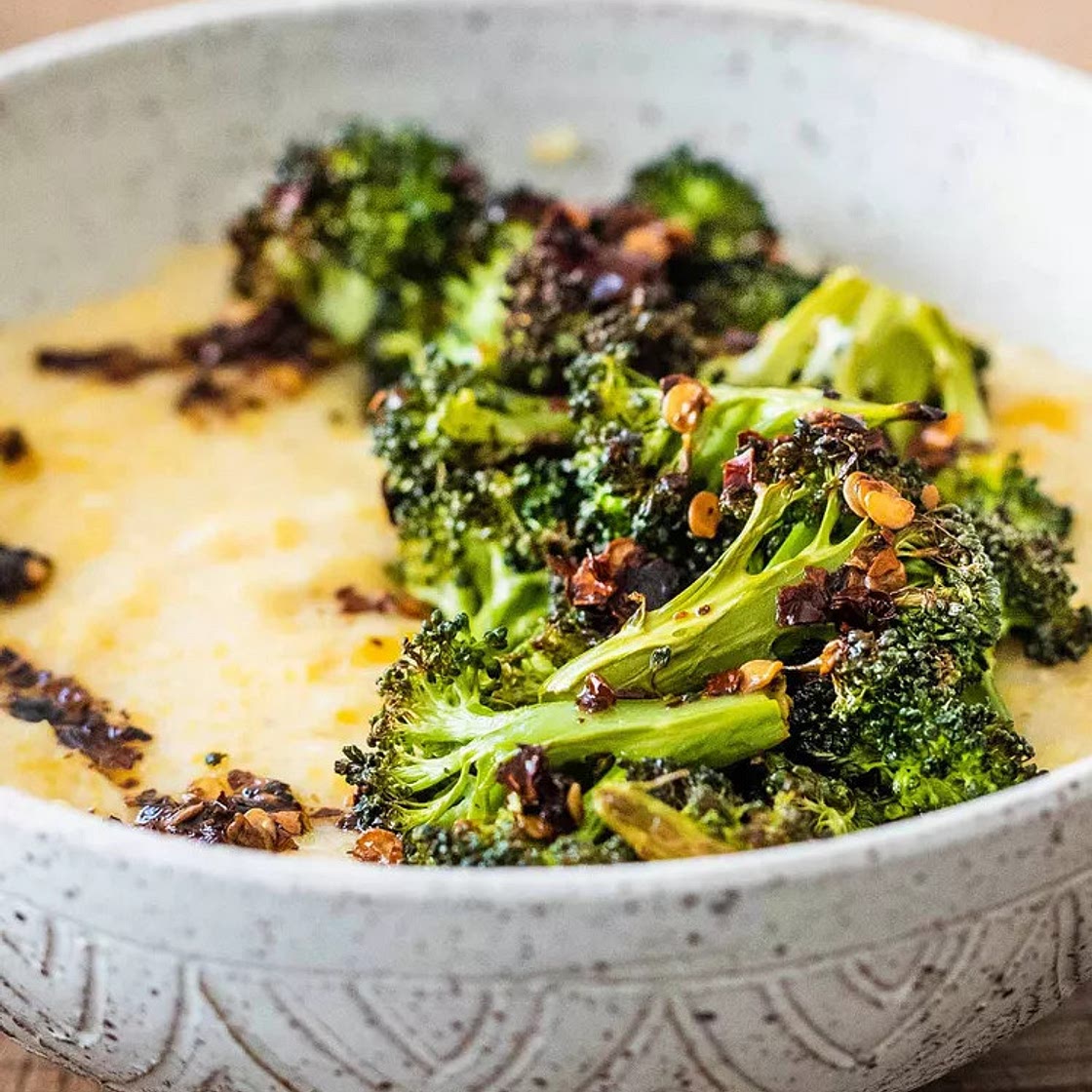 Creamy Polenta with White Beans and Roasted Broccoli