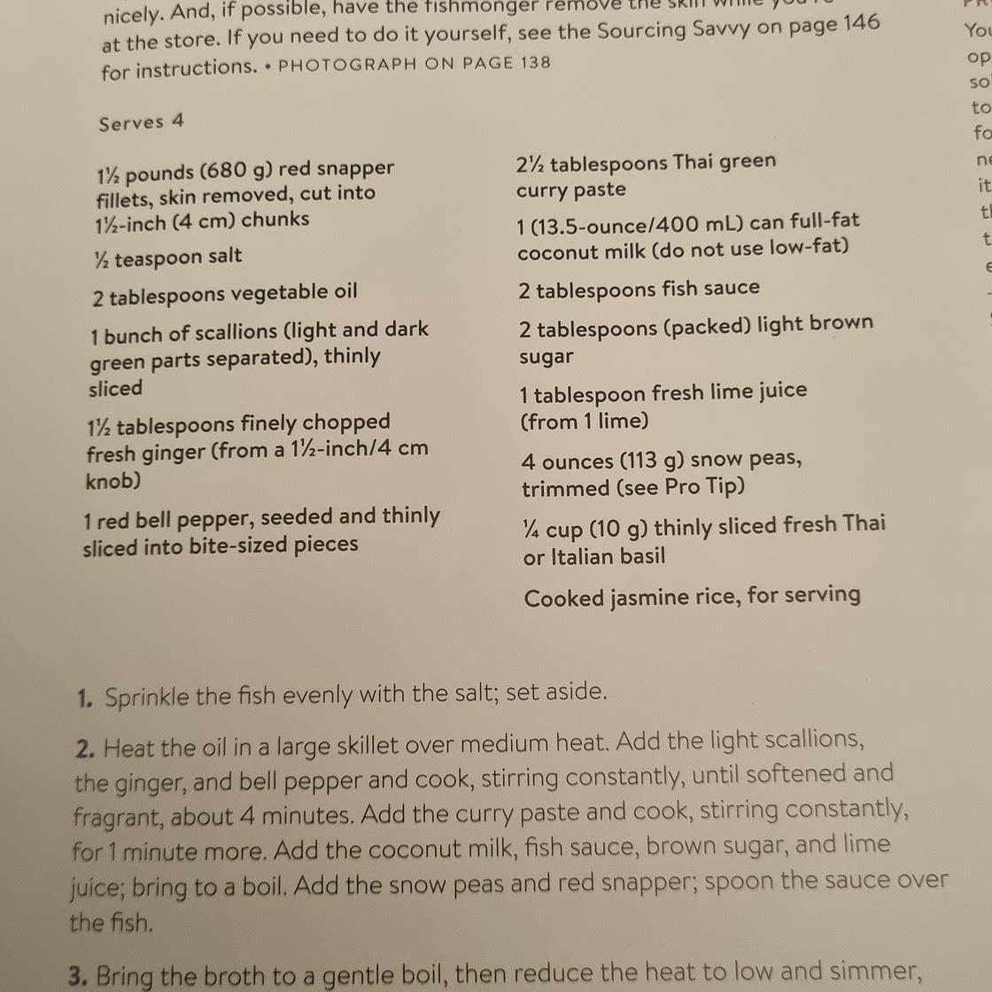 Red snapper, snow peas in coconut curry broth