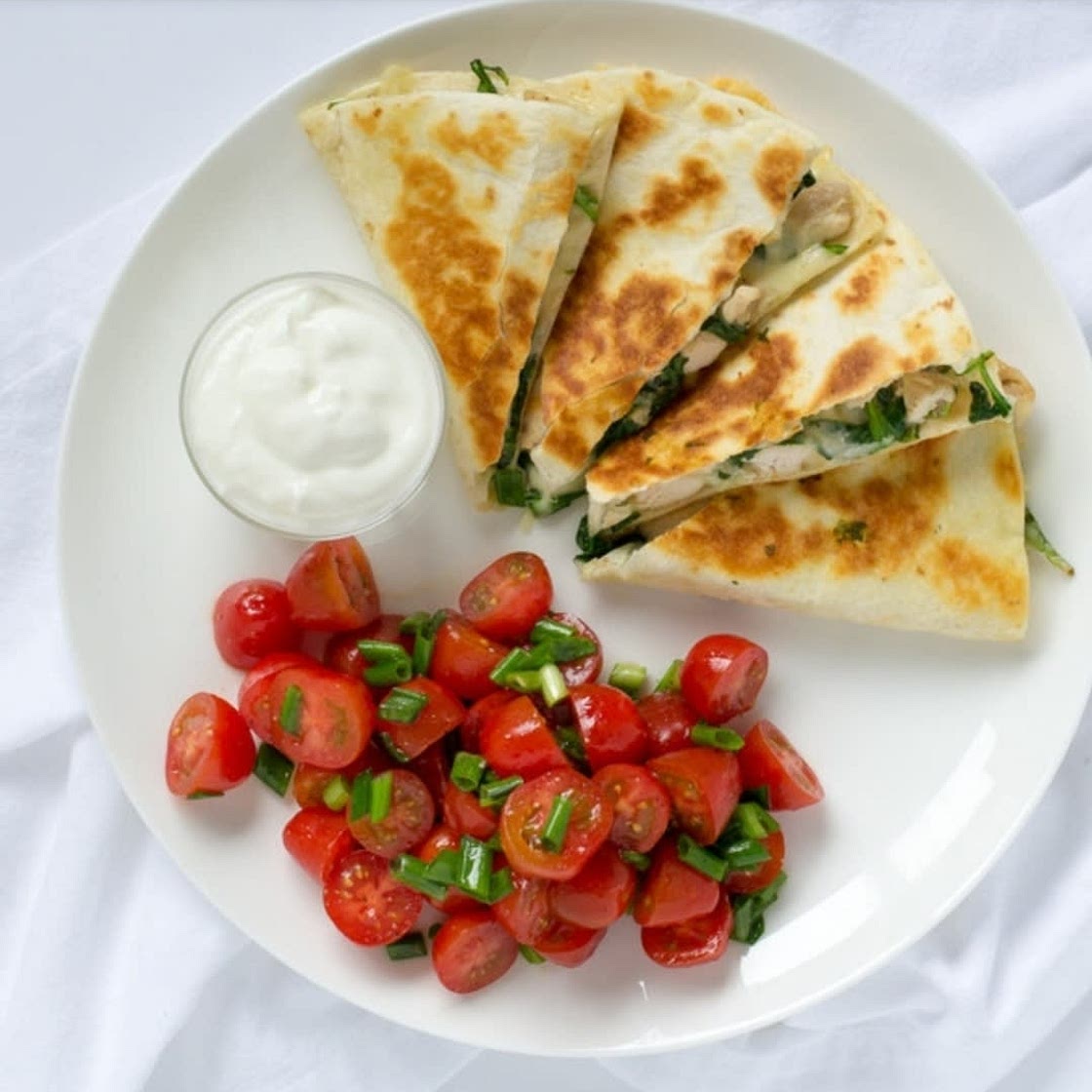 Spinach & Chicken Quesadilla with Tomato & Green Onion Salad