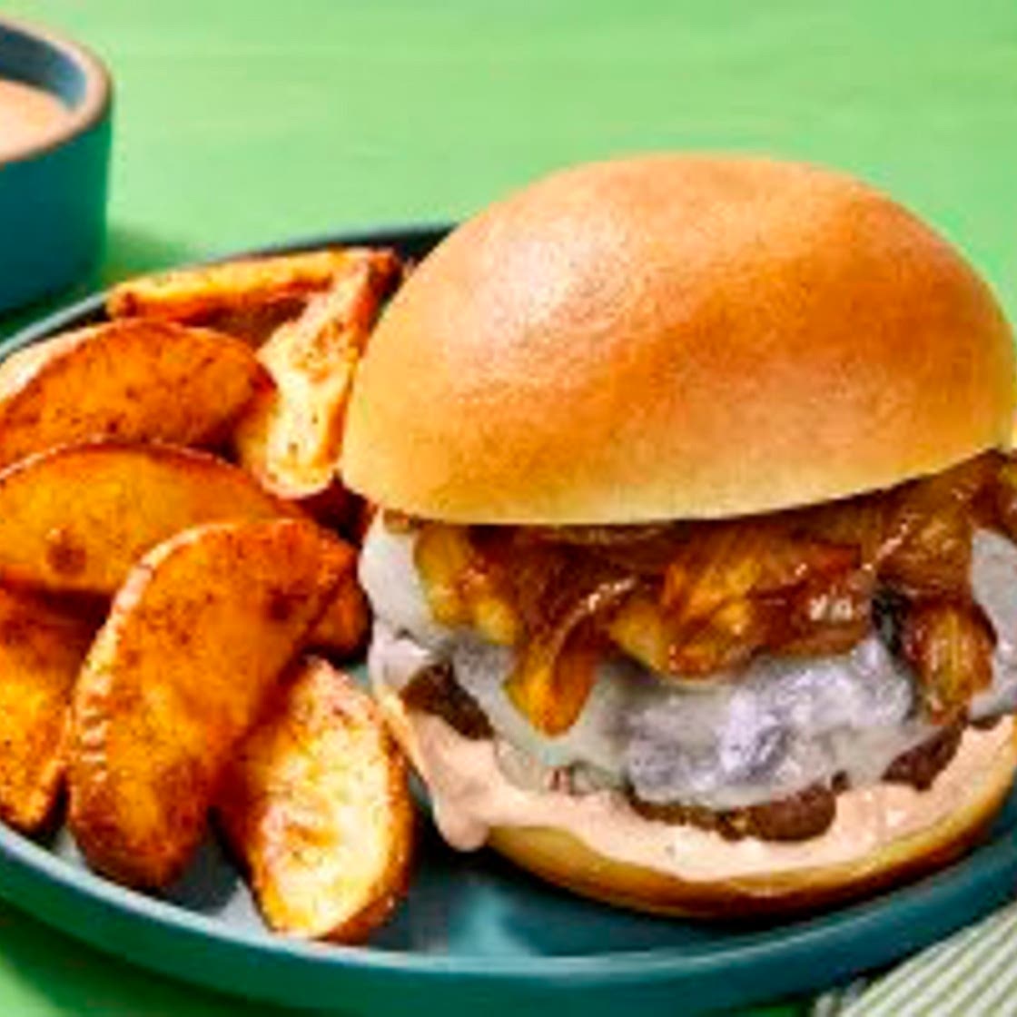 Cheesy Smashed Pork Burgers with Old Bay Fries, Caramelized Onion & Special Sauce