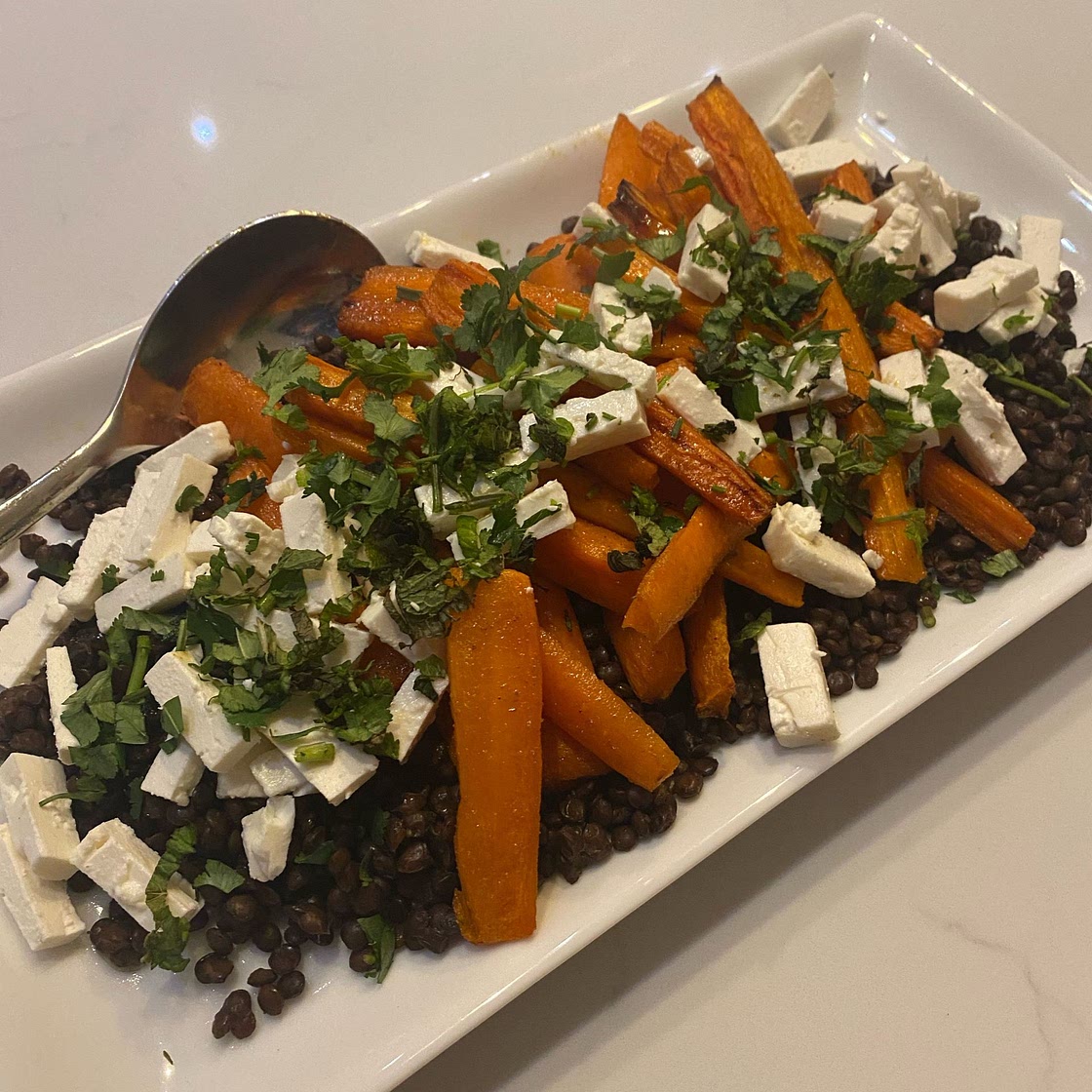 Puy lentil, spiced roast carrot & feta salad