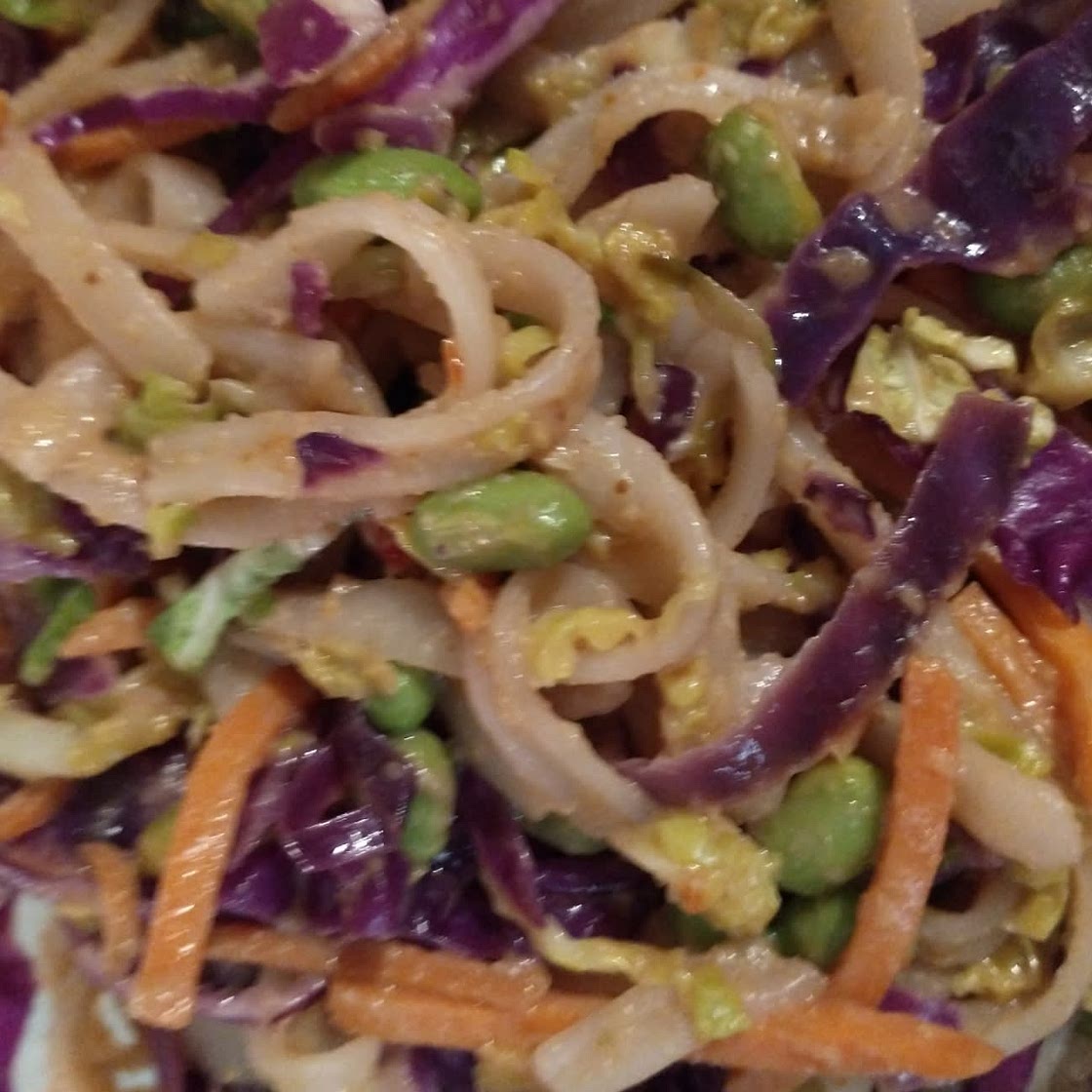 Peanut Sauce Noodles with Shredded Sprouts and Edamame (15 Minute Vegan Meals by Janet Gronnow)