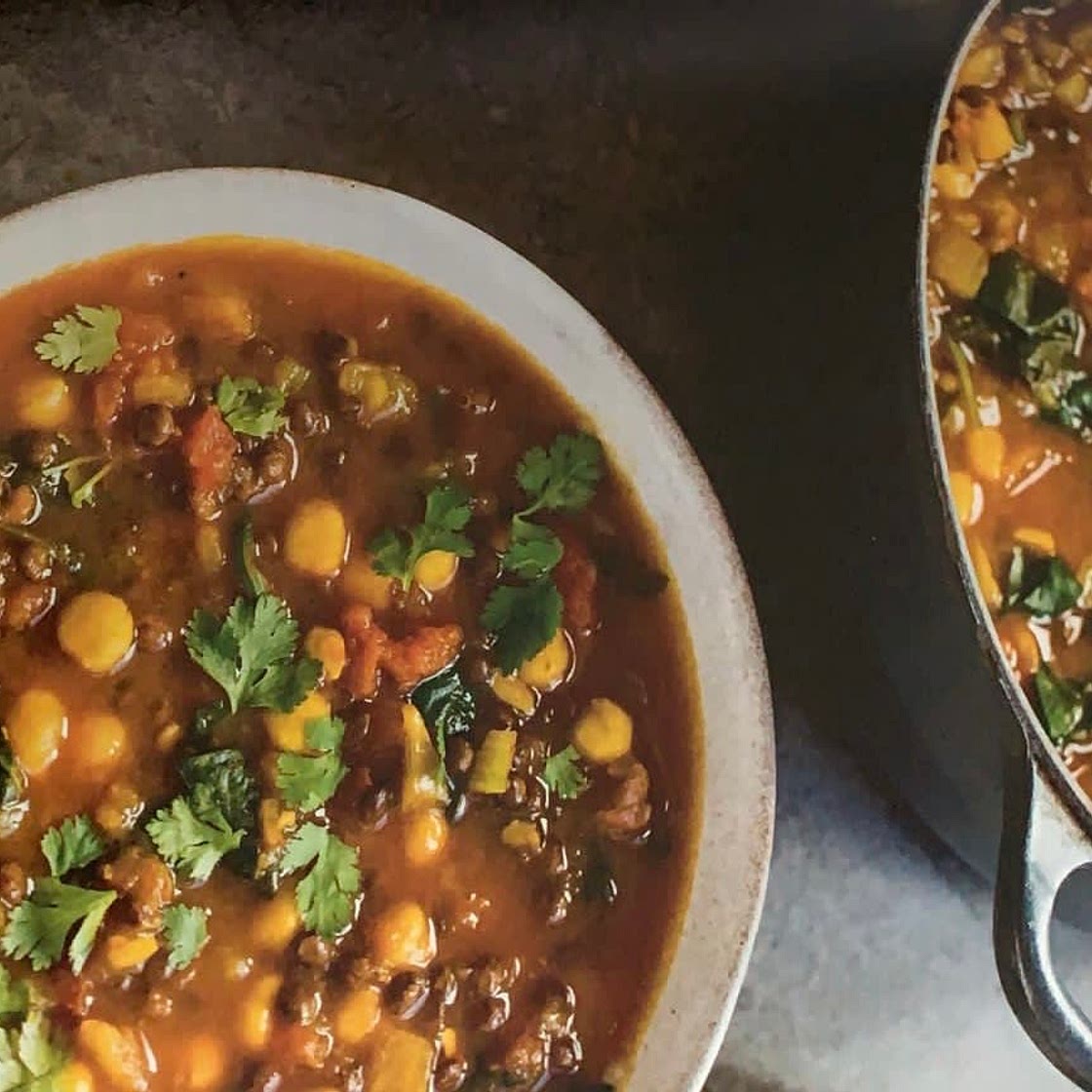 Harissa lentil and chickpea soup with spinach