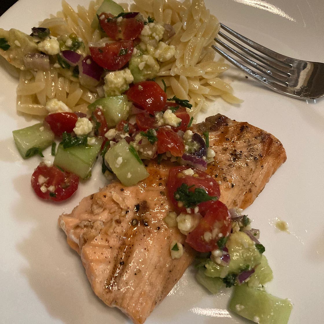 Grilled Salmon with Avocado Greek Salsa and Orzo