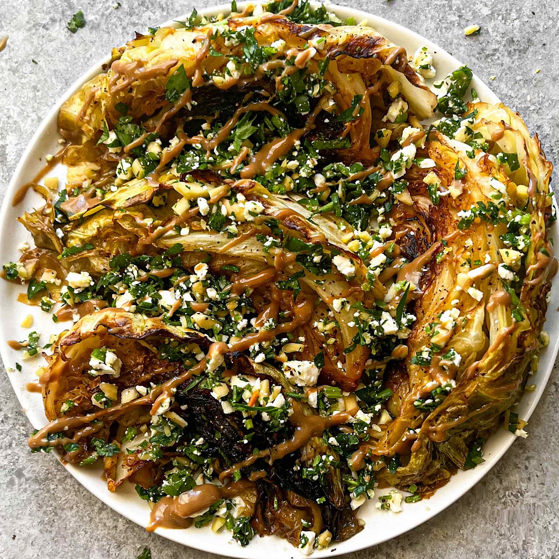 Balsamic & Lemon Caramelized Cabbage w/ Feta Almond-Herb Crumble