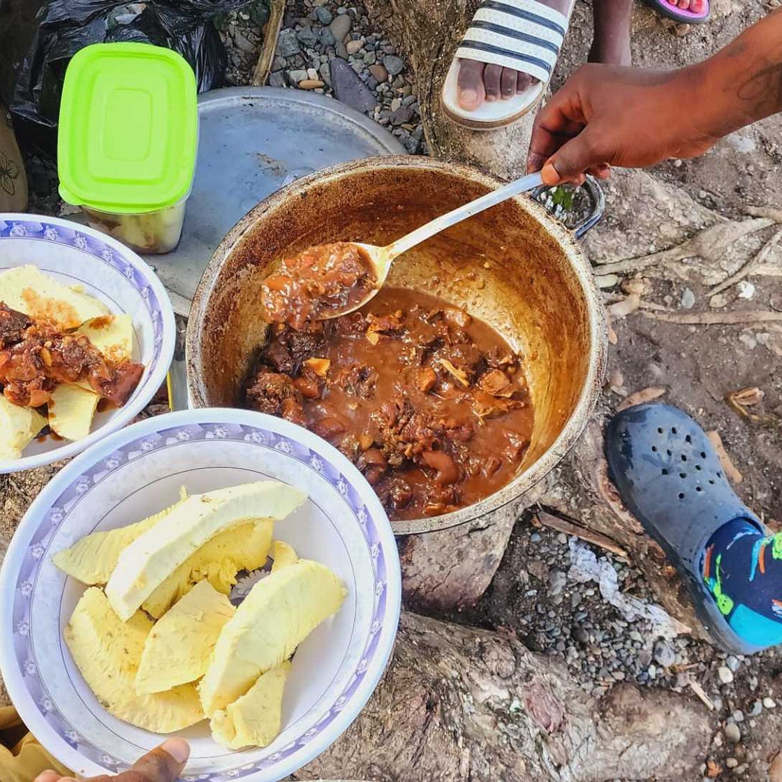 Stew pork with roast breadfruit