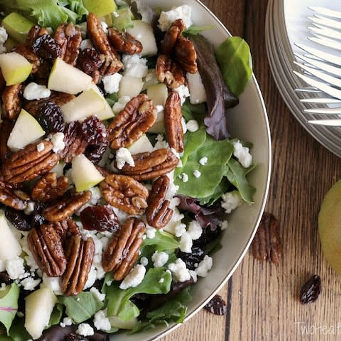 Salad with Goat Cheese, Pears, Candied Pecans and Maple-Balsamic Dressing