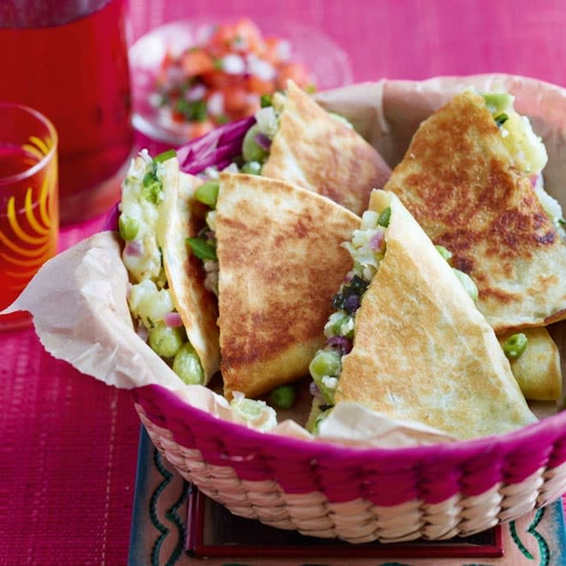 A midweek treat: broad bean, pea and potato quesadillas