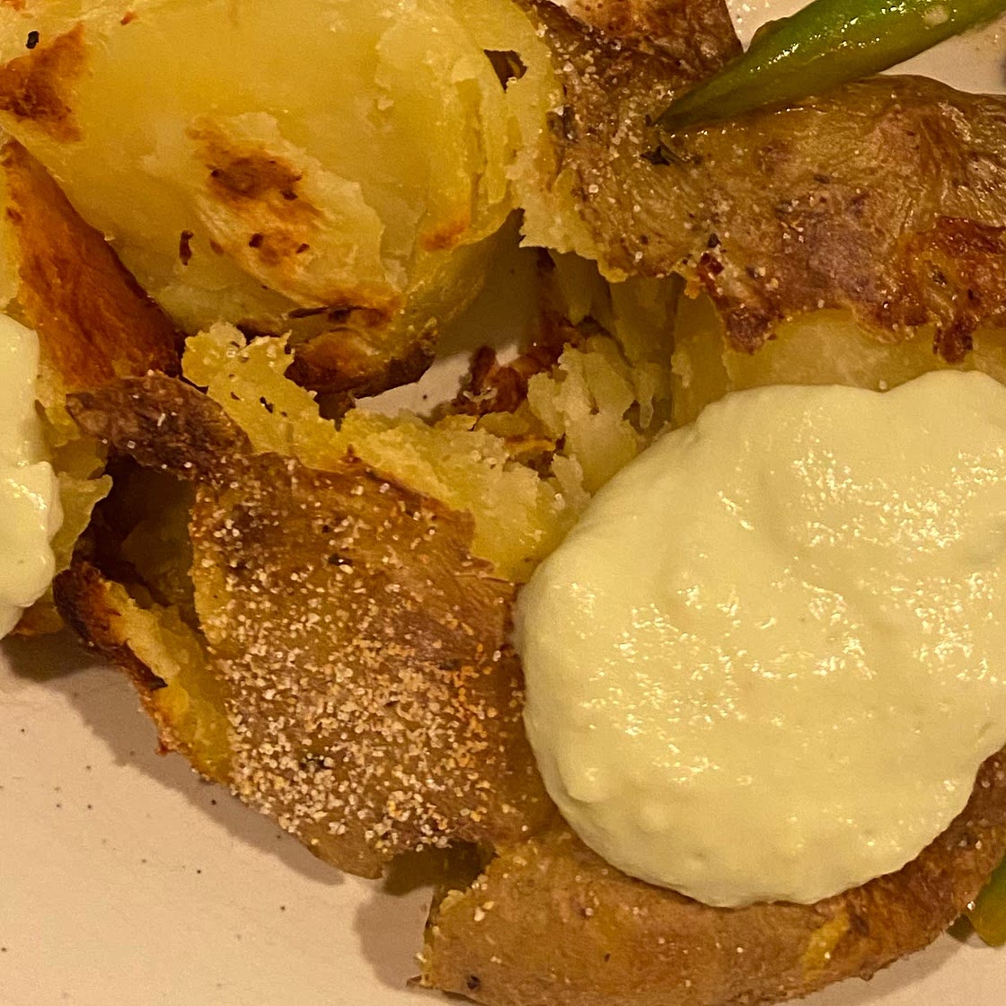 Crispy Smashed Potatoes with Avocado Garlic Aioli