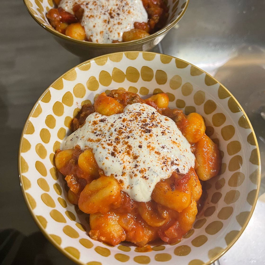 Turkish Style Tomato Gnocchi with Toasted Walnuts & Cucumber Olive Salad
