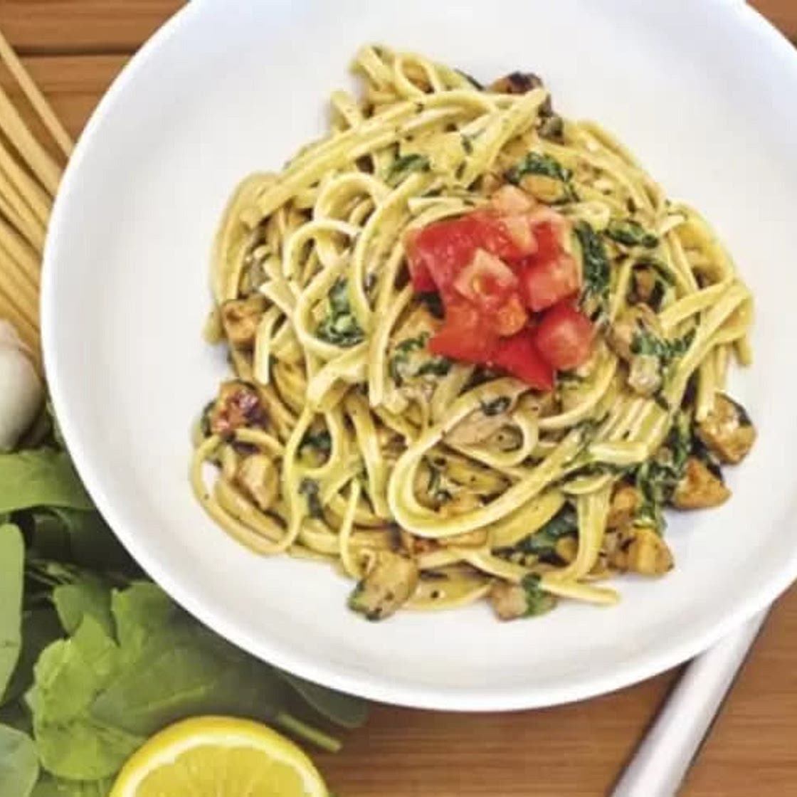 Spinach Cream Sauce with Turkey Italian Sausage Over Linguine
