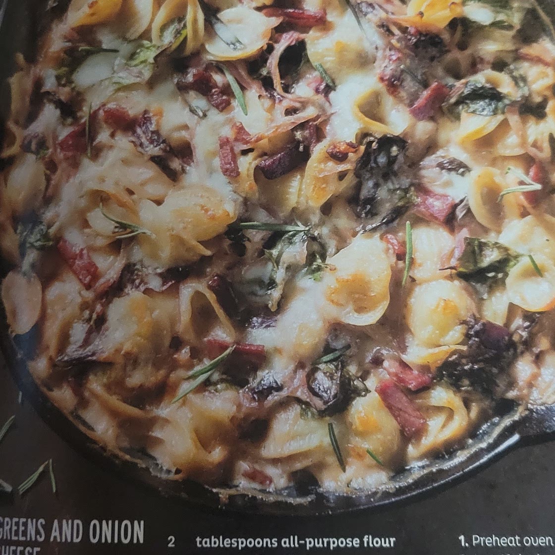 Creamed greens and onion mac and cheese