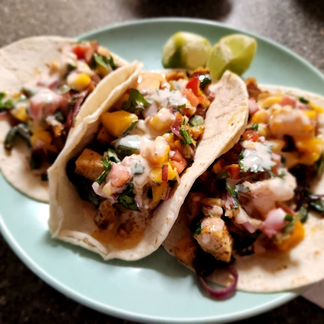 Mango Tango Chicken Tacos with Hot Sauce Crema