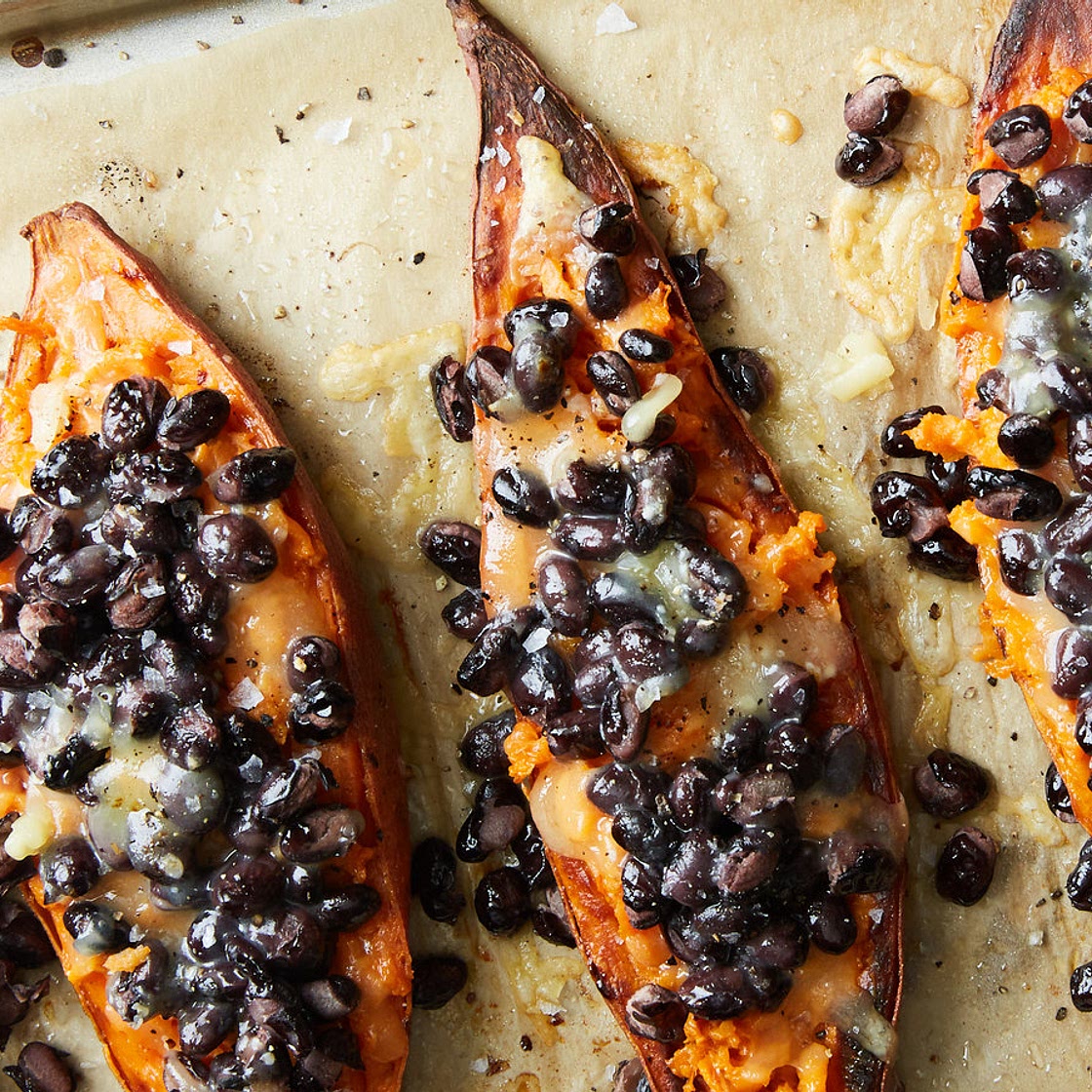 Loaded Sweet Potatoes With Black Beans and Cheddar