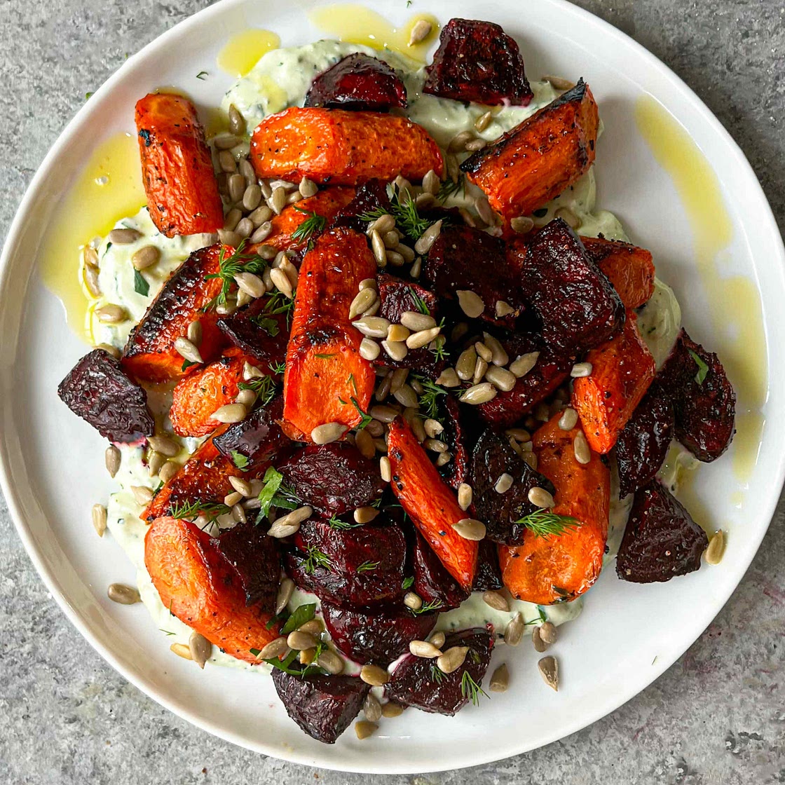 Roasted Beets & Carrots with Tahini-Cottage Cheese Whip