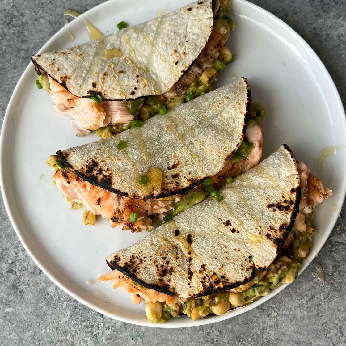 Hot Honey Salmon Tacos with Charred Corn Guacamole 