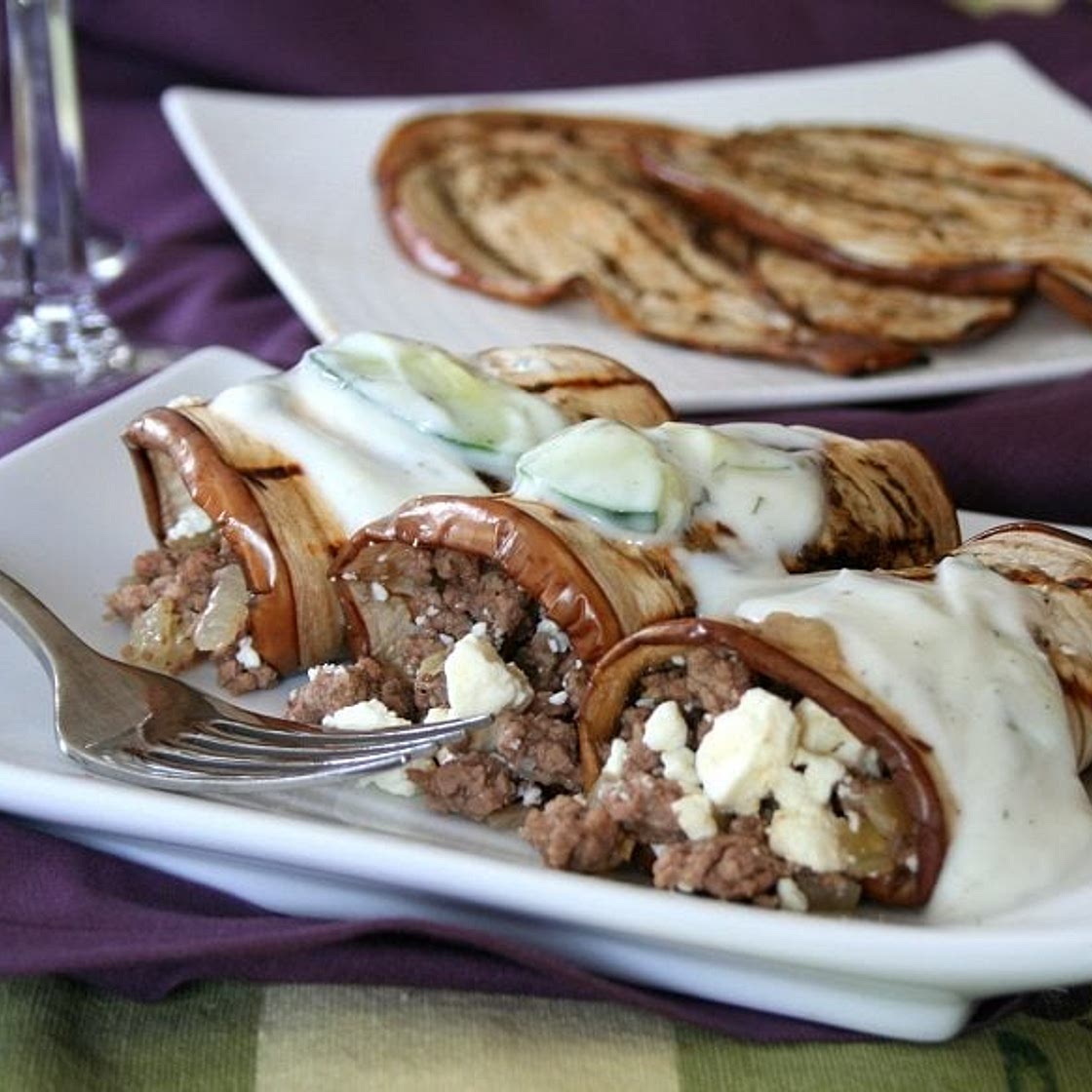 Grilled Eggplant Lamb Rolls with Tzatziki