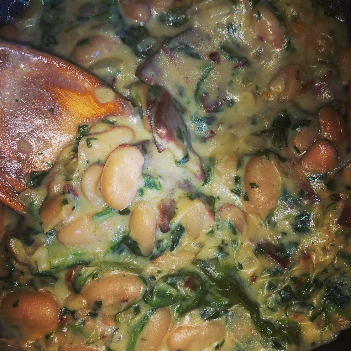 Canellini beans with Bechamel Spinach & Bacon