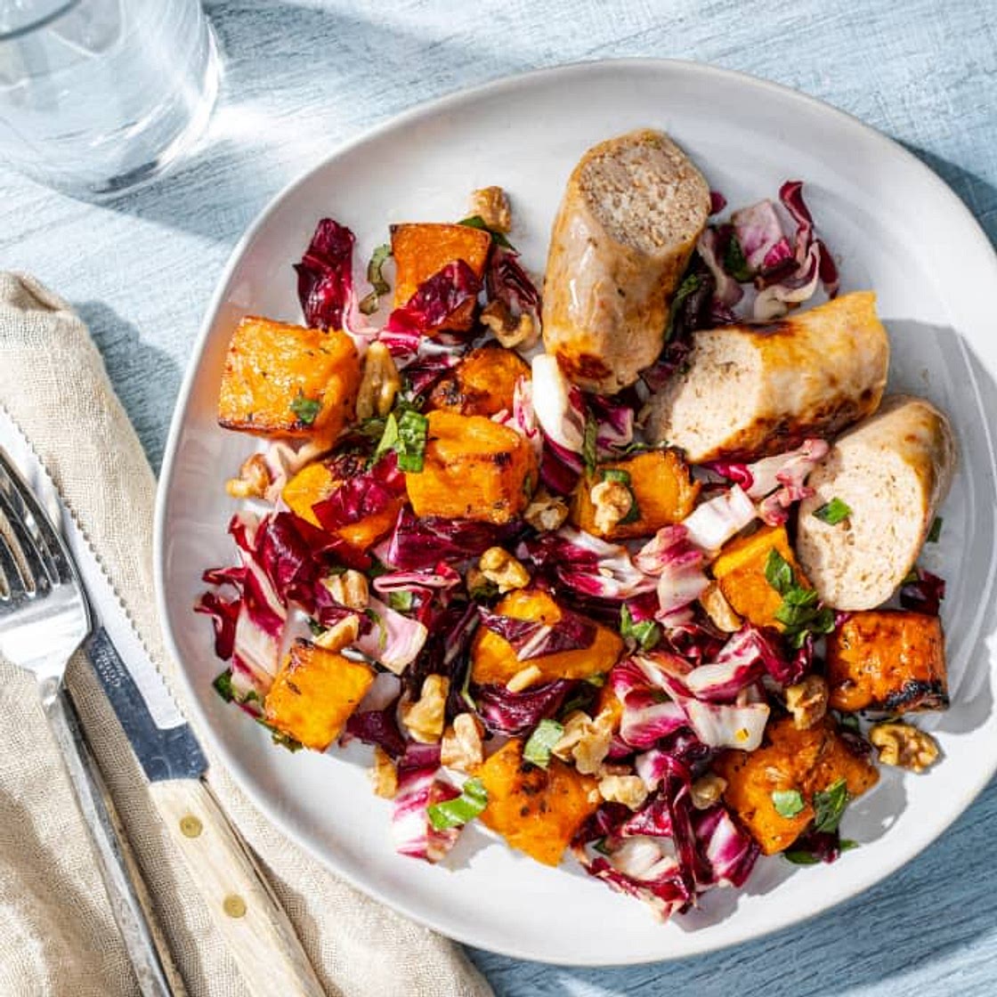 Air-Fryer Roasted Chicken Sausages with Butternut Squash and Radicchio