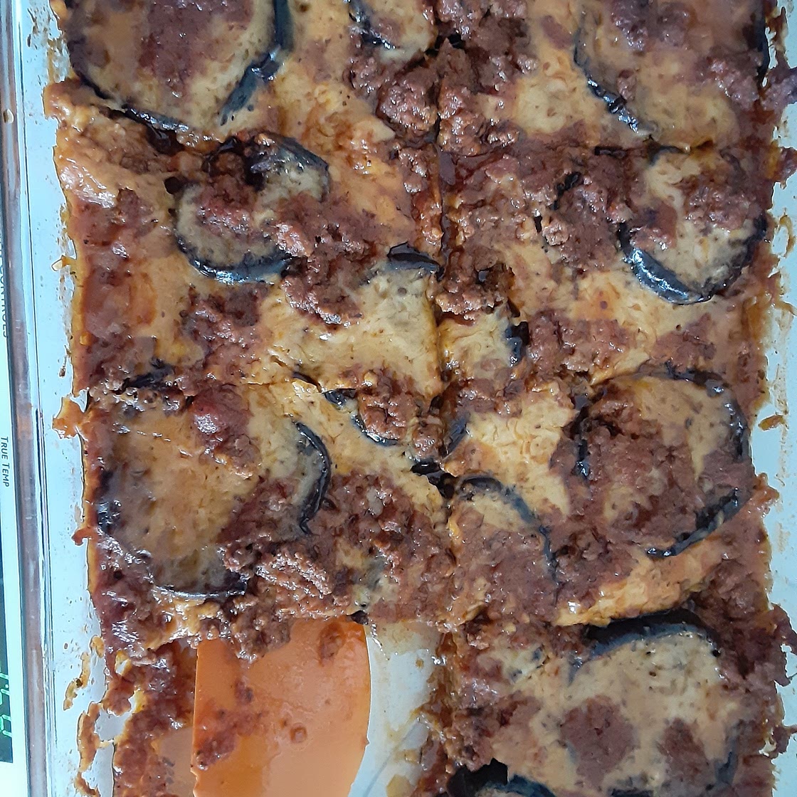 Carb Reduced Eggplant Parmesan - with ground beef - 9 net carbs per serving