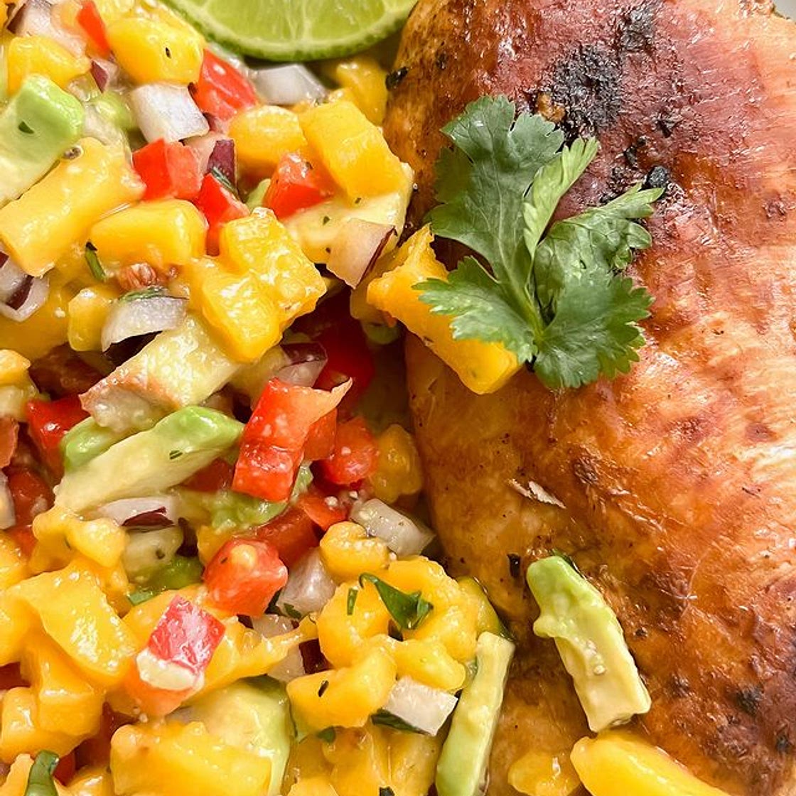Cilantro lime chicken with coconut rice & and; mango salsa