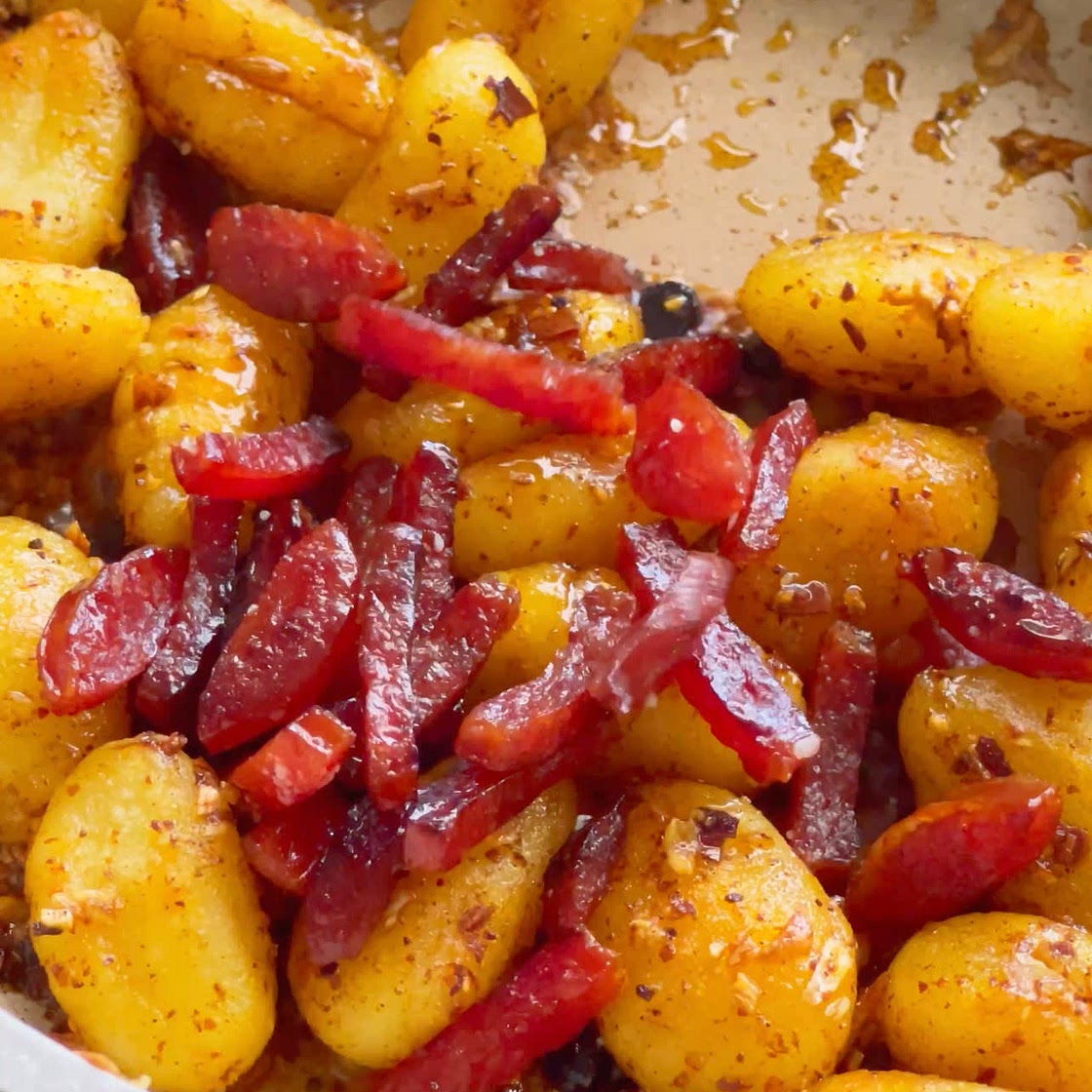 Chili Oil Gnocchi with Chinese Sausage