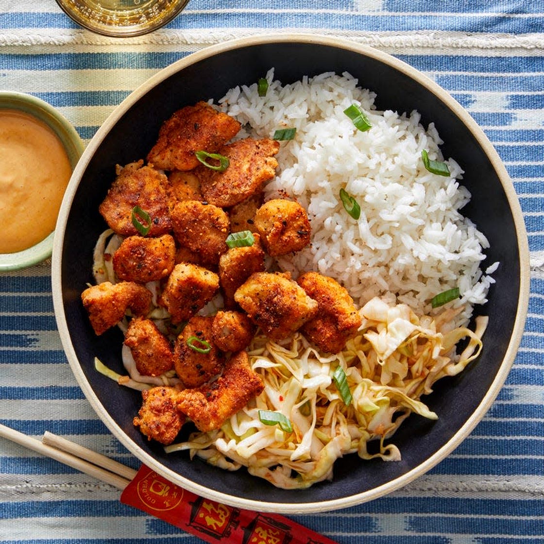 Togarashi Popcorn Chicken with Sweet Chili Cabbage Slaw