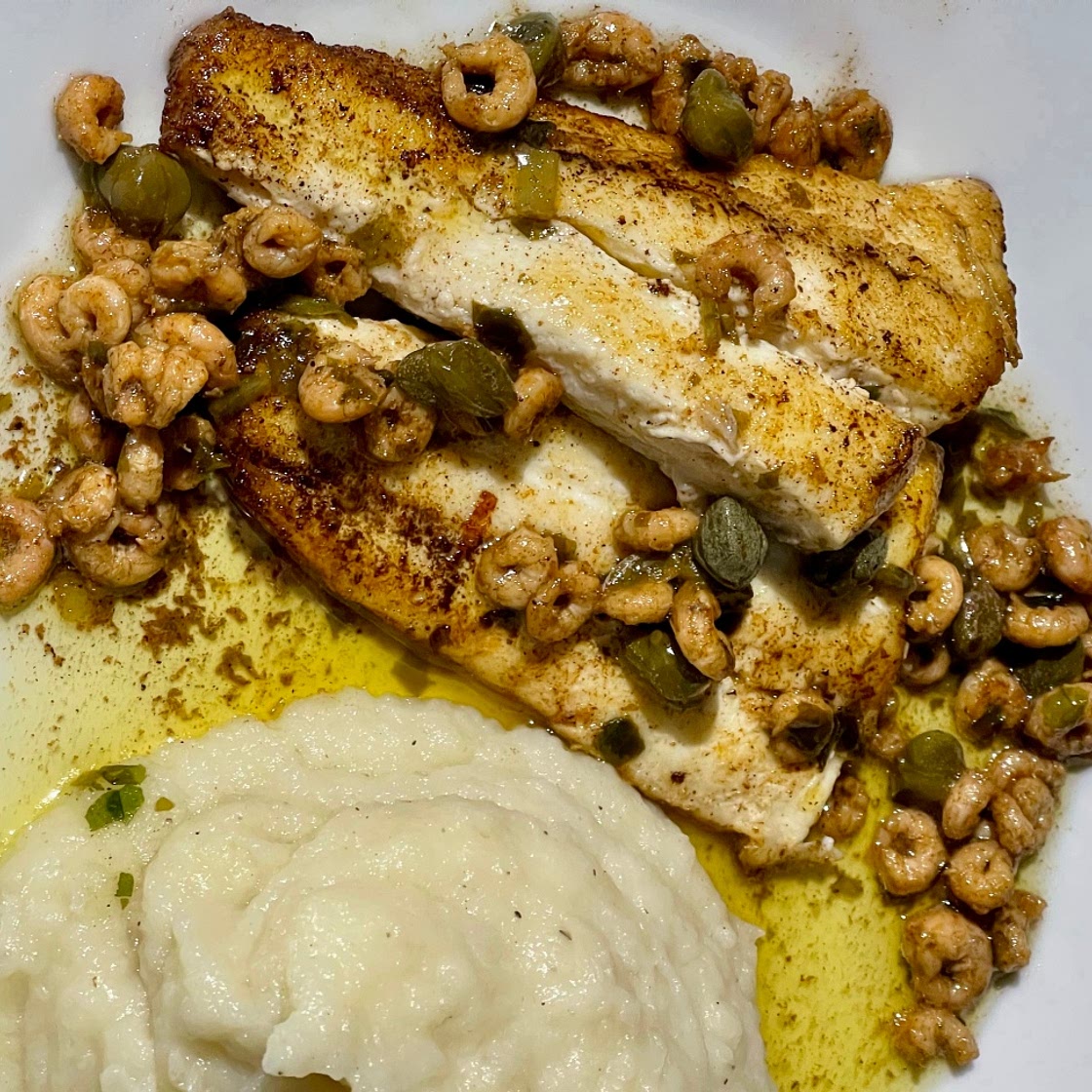 Pan fried Halibut with a Shrimp, Caper, Lemon and Butter Sauce