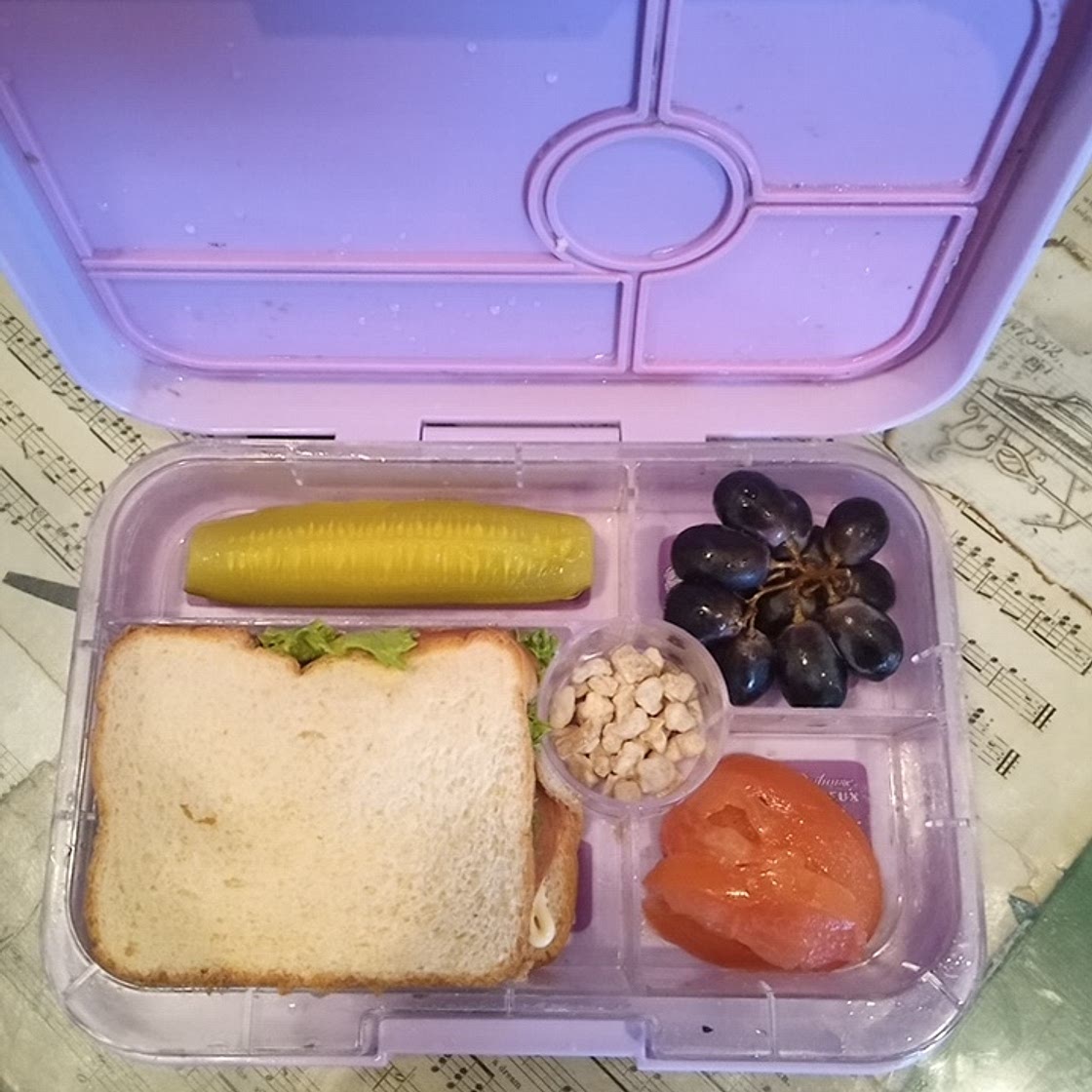 Sandwich, pickle, grapes, and ginger