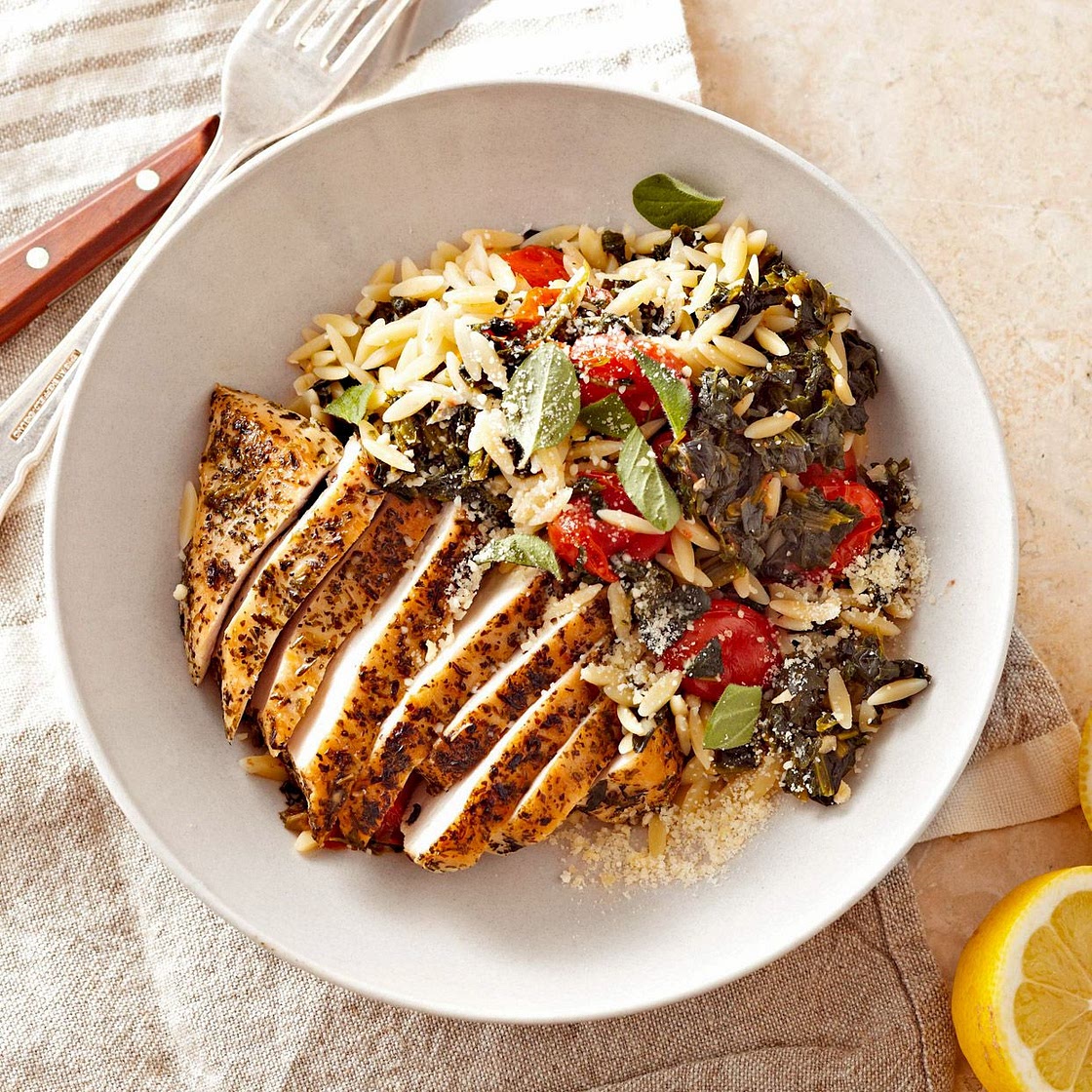 Greek Oregano Chicken with Spinach, Orzo, and Grape Tomatoes