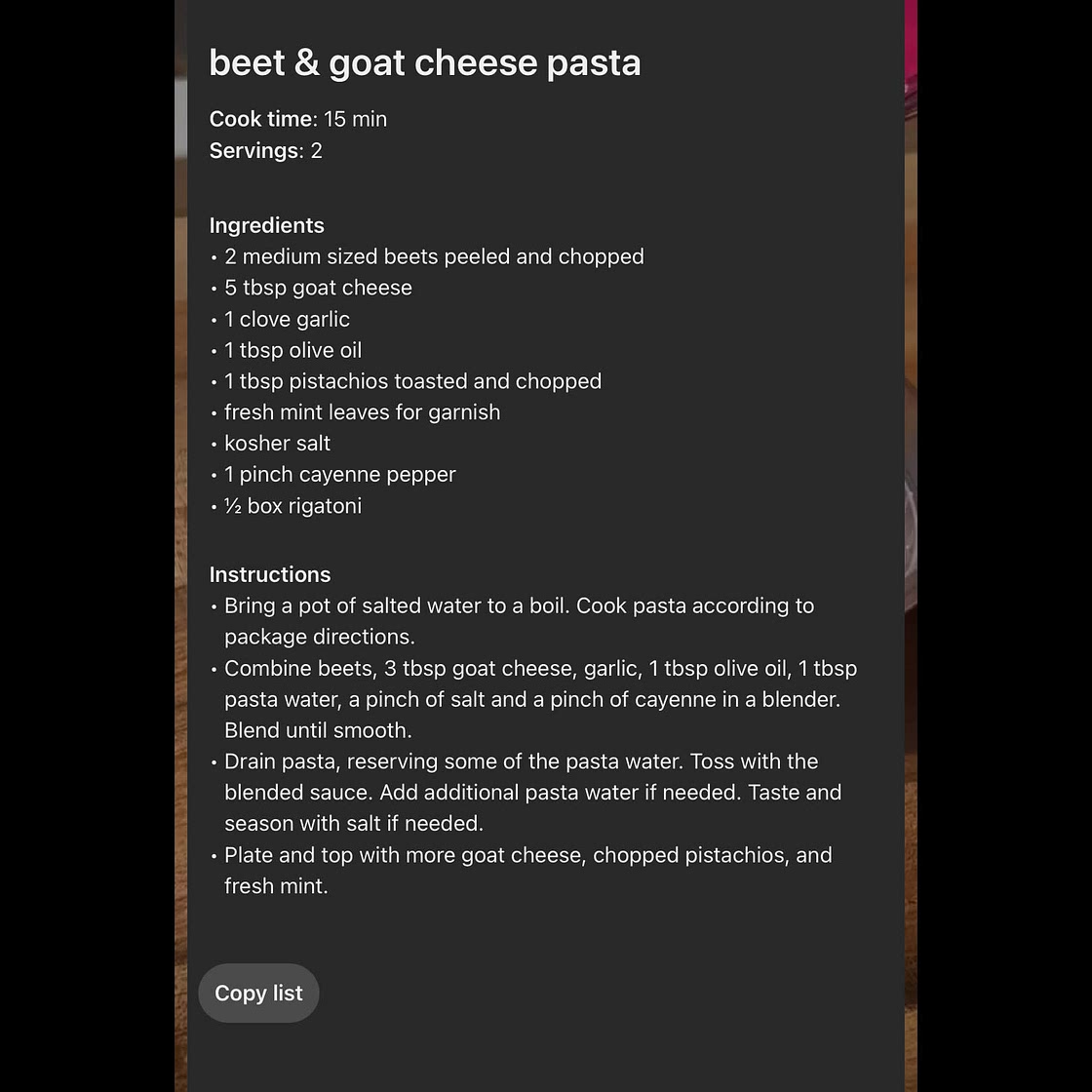 Beet & goat cheese pasta