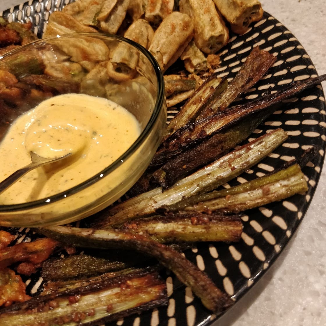Crispy Roasted Okra with Creamy Lemon Dressing