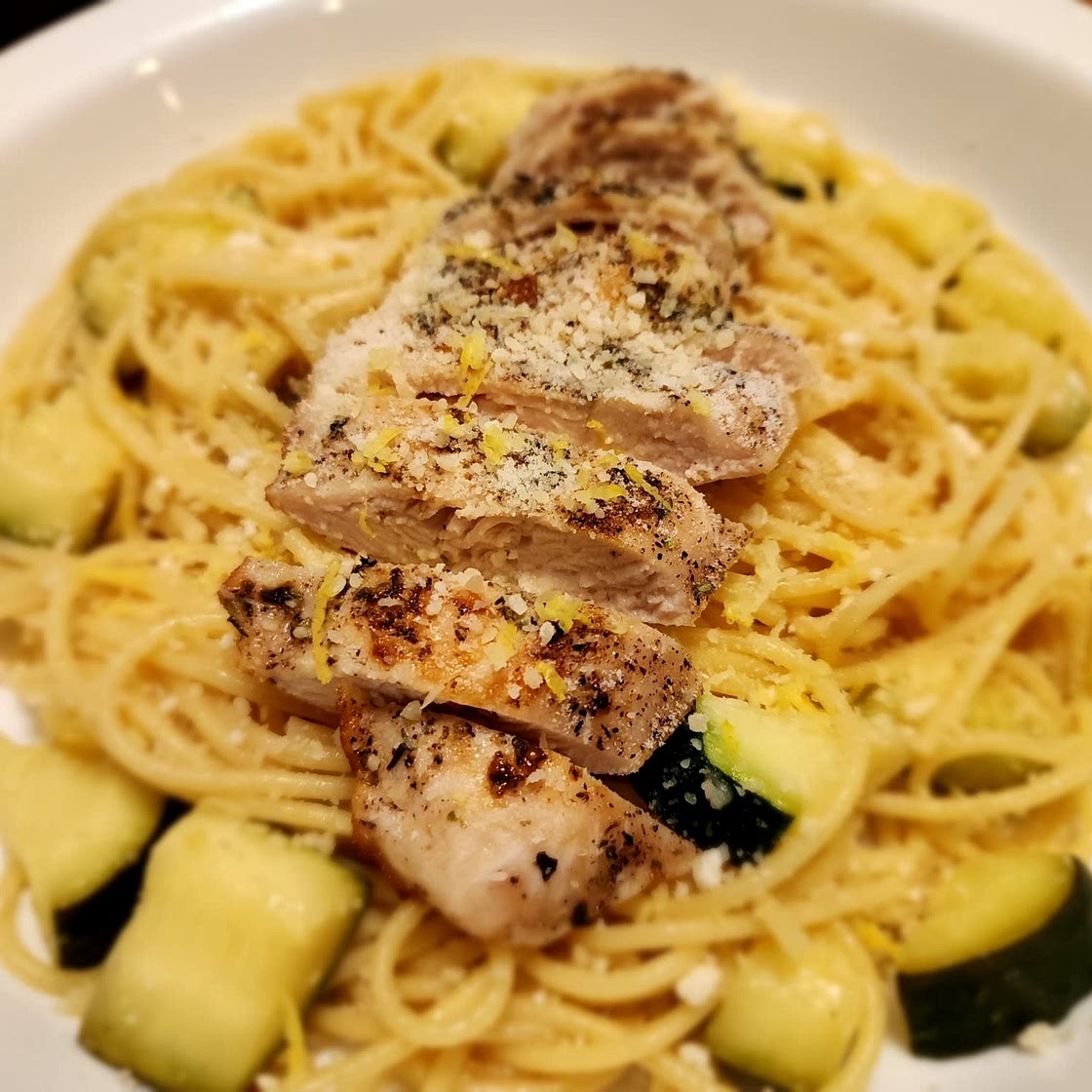 Italian Chicken over Lemony Spaghetti with Zucchini & Chili Flakes