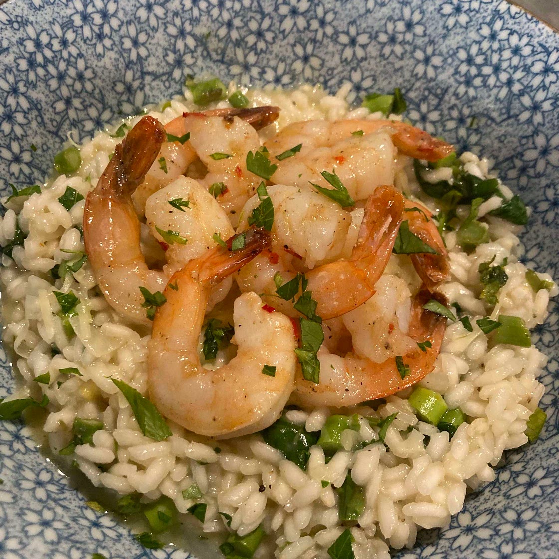 Garlic and Chilli Prawns with Green Vege Risotto