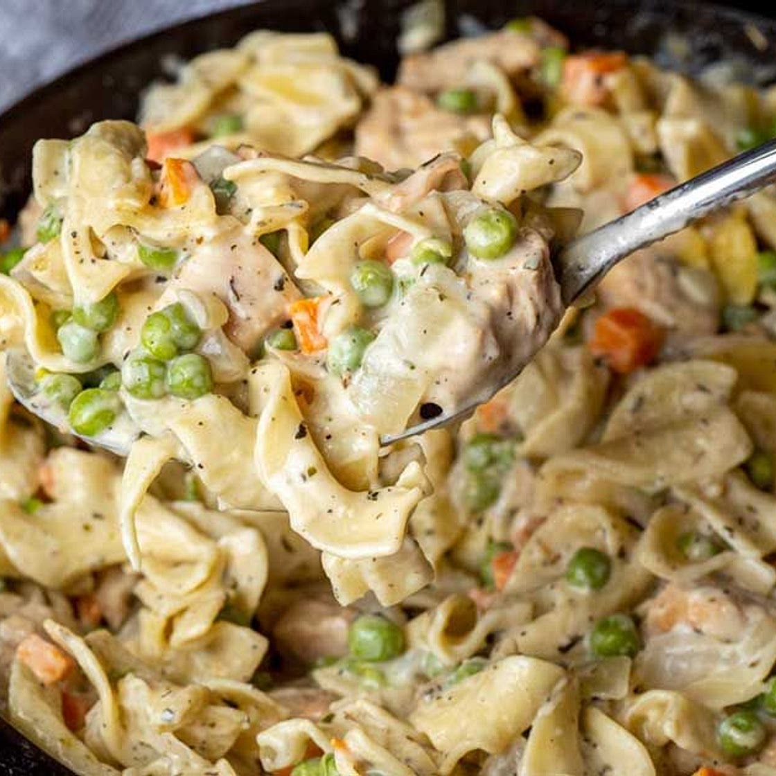 This chicken pot pie noodle dish is so good, we eat it every week in my family