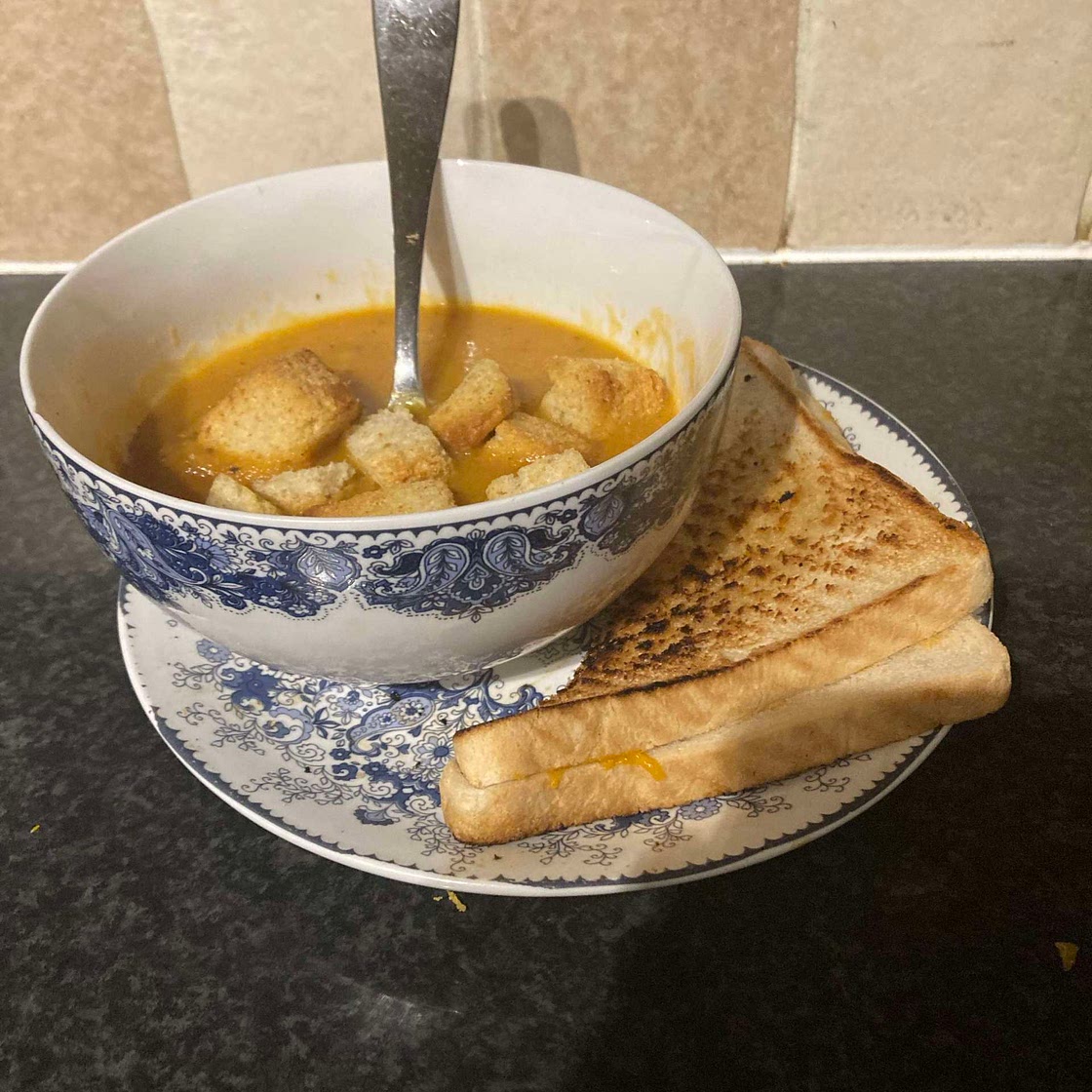 Warm roasted veg soup and Cheese toastie different