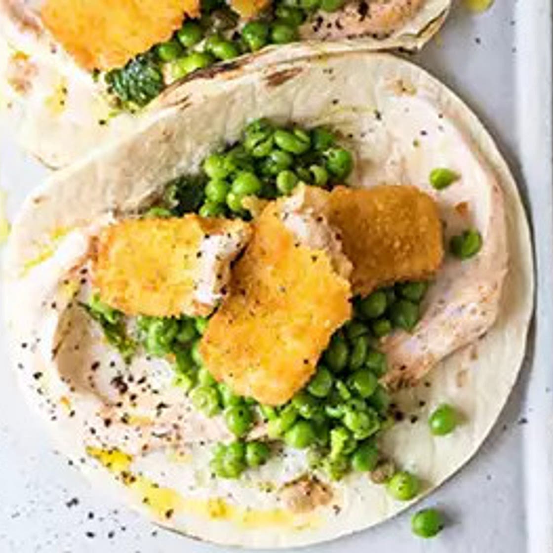Fish finger tacos with pea & mint salsa