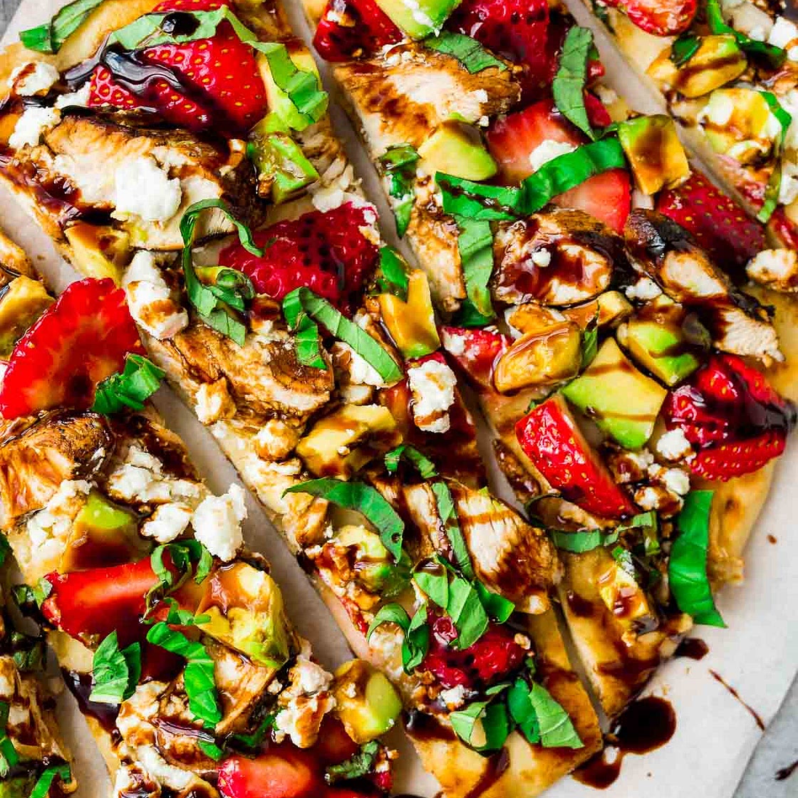 Grilled Naan Pizza w/ Strawberry, Chicken, and Avocado