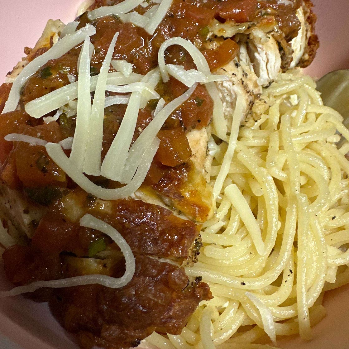 Balsamic Tomato & Herb Chicken over Buttery Garlic Spaghetti