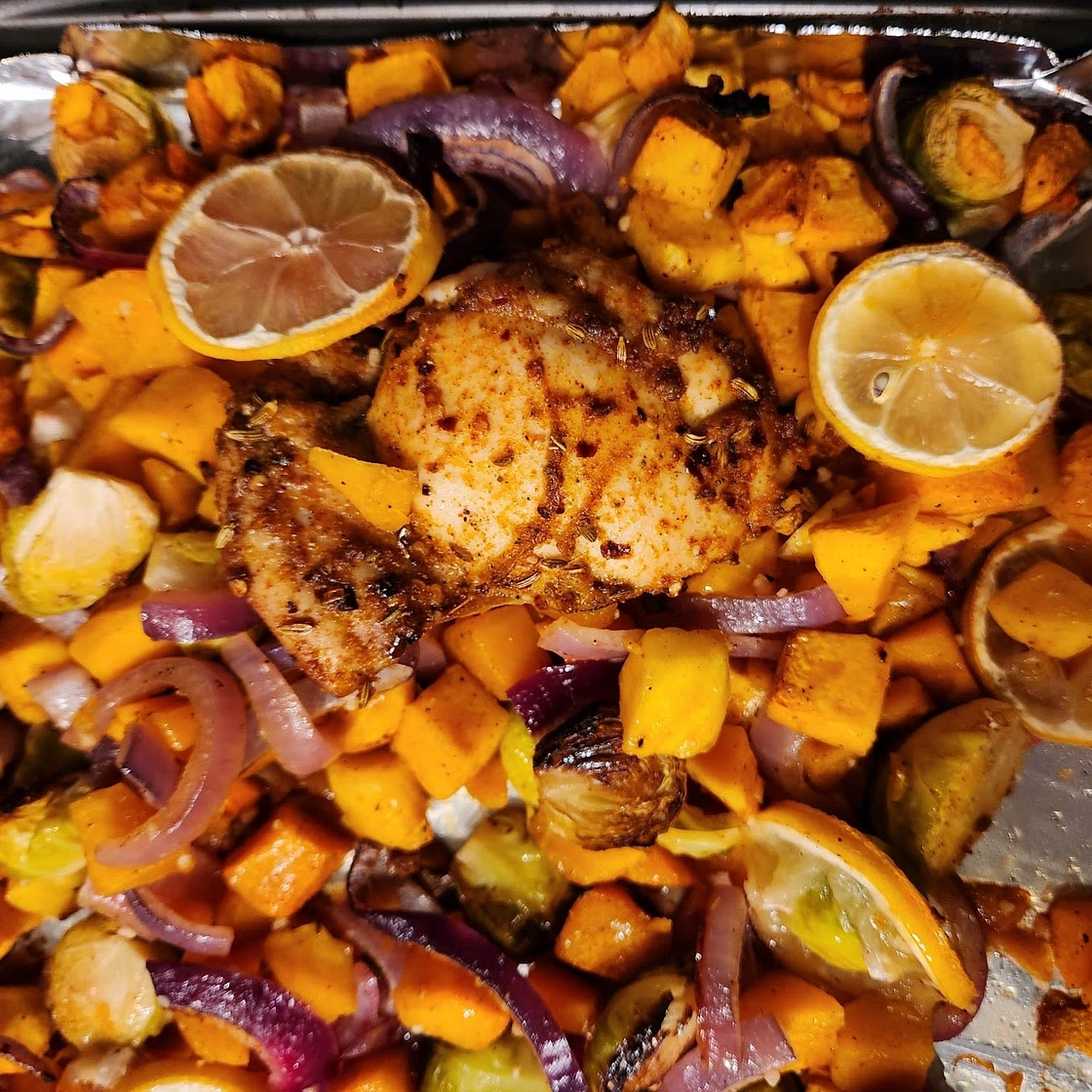 One-Pan Roasted Chicken with Butternut Squash and Brussels Sprouts