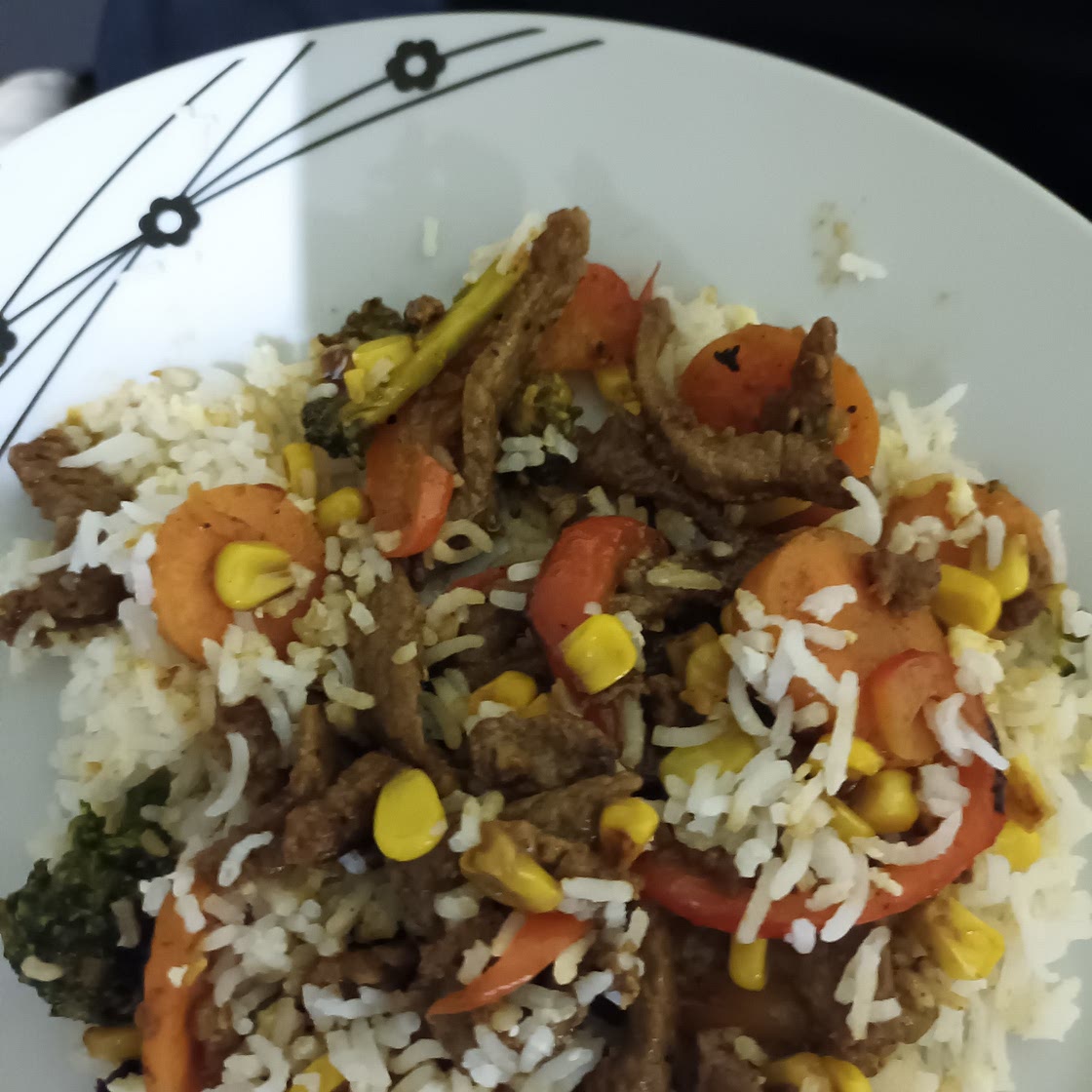 Beef stir fry with egg fried rice