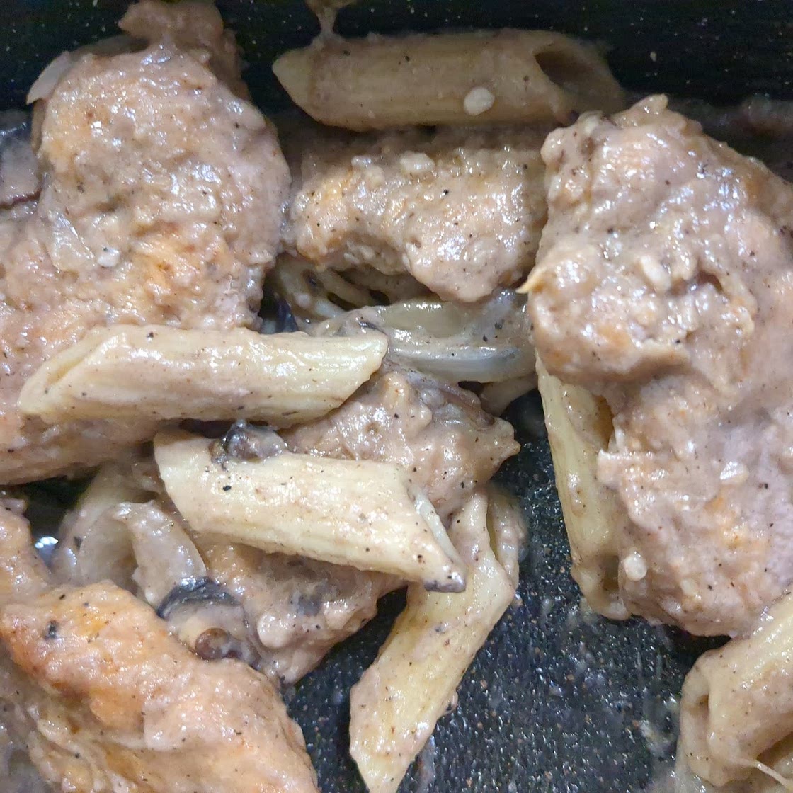 Pork Tenderloin in Creamy Mushroom Sauce and Pasta dinner