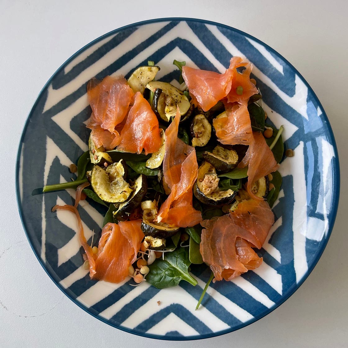 Smoked Salmon Salad with Lemony Baked Courgettes and Caper Berries