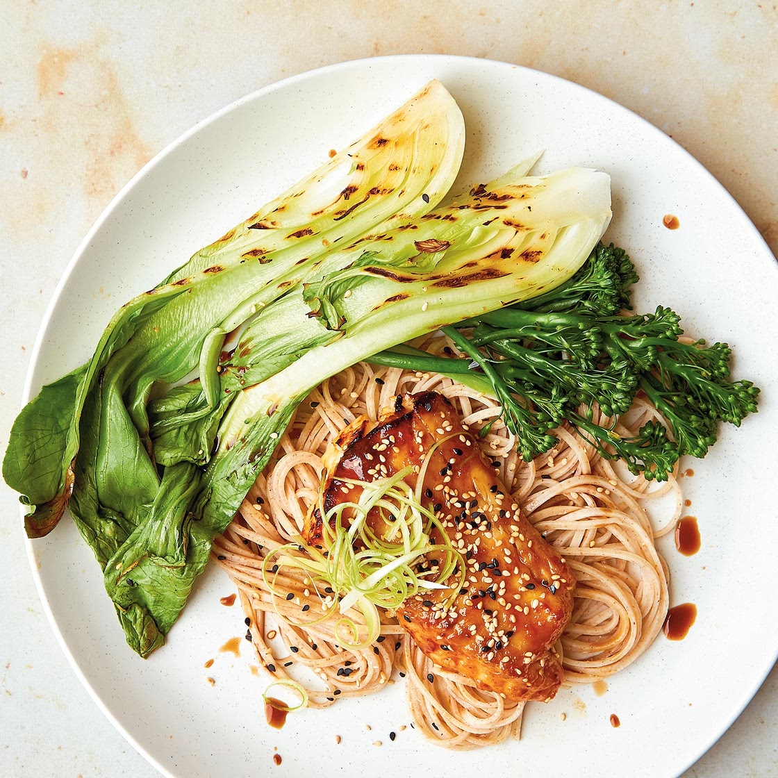 Miso and soy marinated cod with pak choi, broccoli and noodles recipe